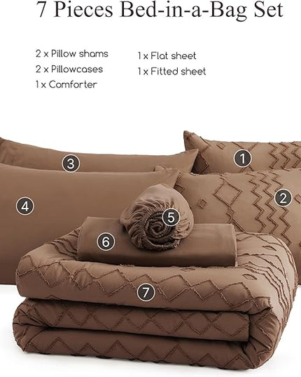 Full Size Comforter Set Brown, Tufted Boho Bedding Farmhouse Bed Set, All Season 7 Pieces Bed in a Bag with Sheets, Pillowcases & Shams