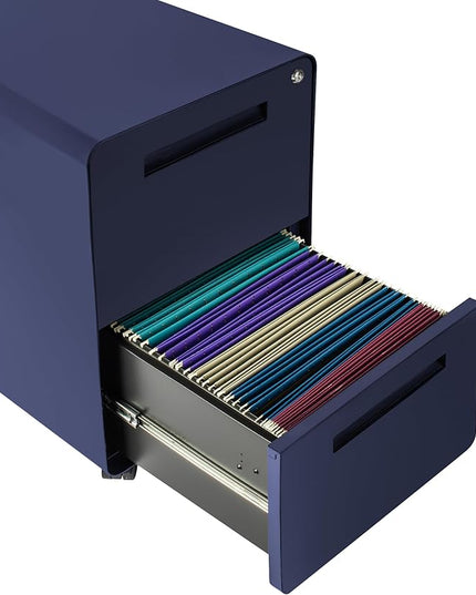 Laura Davidson Furniture Stockpile 2 Drawer Mobile File Cabinet with Lock - Under Desk Metal Filing Cabinet, Legal/Letter File Folders, Wheels and Stationary Feet, Pre-Assembled, Navy Blue