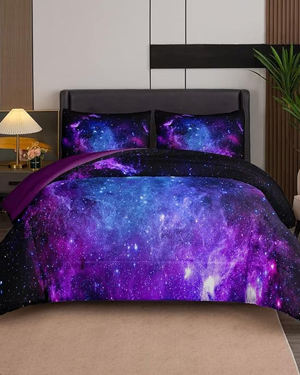 NINENINE Galaxy Comforter Sets Space Bedding 5PCS Queen Size Comforter Sets for Girls Purple Bedding Set(1Comforter, 1Flat Sheet, 1Fitted Sheet, 2Pillowcases)…