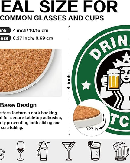 zcyhtqp, Drink up Bxxches, Funny Absorbent Round Ceramic Stone Coasters Set of 4 with Cork Base, Funny Bar Coasters, Sisters Gift, Gifts for Home, Kitchen, Bar, Office Table Décor