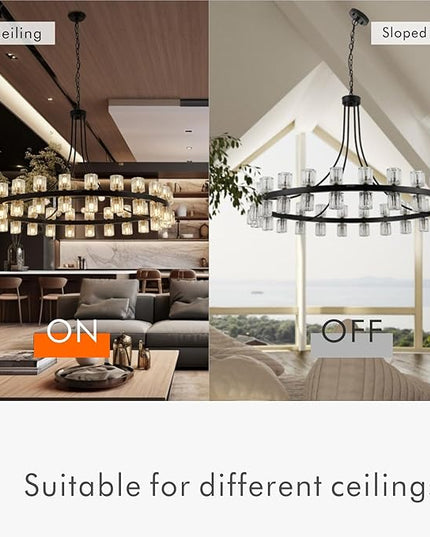 48" Wagon Wheel Chandelier Black Wagon Wheel Chandelier with Crystal Shade, 48 Lights, Modern Farmhouse Style, Ideal for Dining Room, Kitchen, Entryways