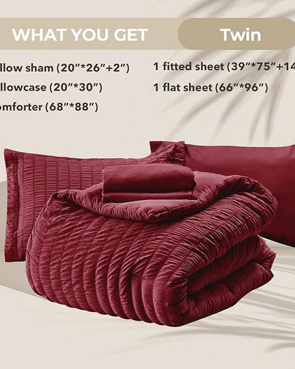 HYMOKEGE Burgundy Twin Comforter Set Seersucker 5 Pieces, All Season Luxury Bed in a Bag for Bedroom, Bedding Set with Comforters, Sheets, Pillowcase & Sham