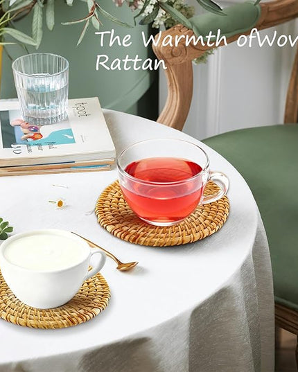 6Pcs Handmade Rattan Coasters with Holder -Woven Coasters for Drinks, Round Rattan Coaster, Rustic Farmhouse Wooden Coffee Table Decor, Kitchen, Dining Room, Housewarming Gift (Brown A)
