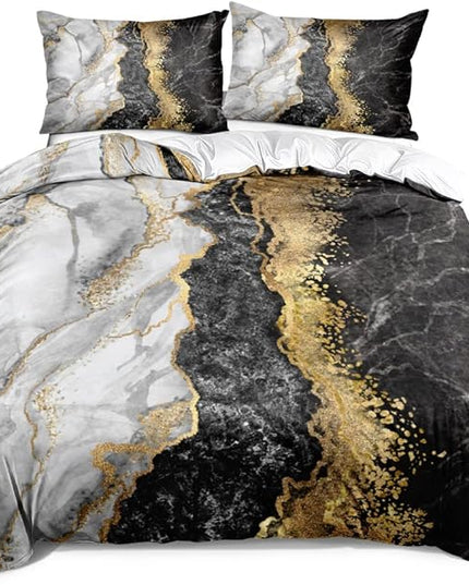 Black Gray and Gold Metallic Marble Duvet Cover Set Queen Size Foil Print Glitter Bedding Comforter Covers with 2 Pillow Shams Breathable Durable Soft Comfy