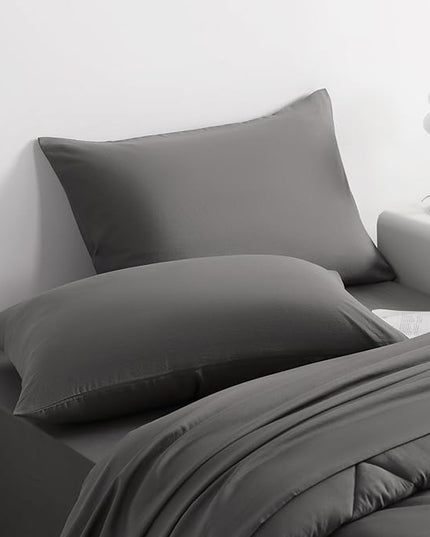 NTBAY Twin Comforter Set with Sheets, 5 Pieces Soft and Breathable Twin Bedding Set, Twin Bed in a Bag, Down Alternative Comforter Set Solid Color All Season, Kids Bedding Set, Dark Grey