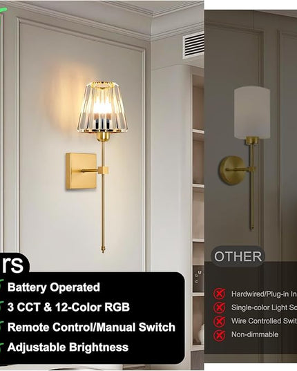 Battery Operated Crystal Wall Sconces Set of 2,Gold Rechargeable Wireless Wall Sconces with USB Dimmable 15 Colors Modes Led Wall Lights, Wall Lamp for Bedroom Living Room Entryway ,2 Bulbs Included