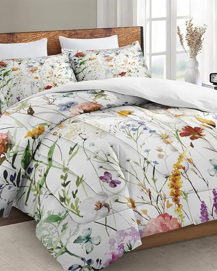 King Size Comforter Set with 2 Pillowcases, Wildflower Flower Floral 3 Pcs Bedding for Kids and Adults, Boho Watercolor Butterfly Soft Comforter Set for Bedroom Bed Decor