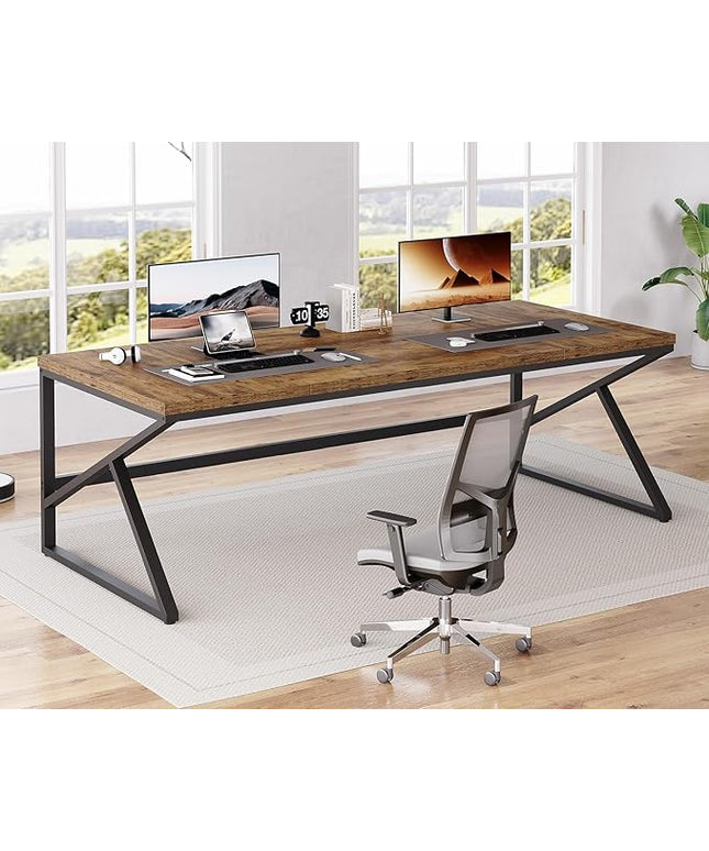 HSH Large Rustic Brown Computer Desk, 78 Inch Extra Long Metal Wood Desk for Home Office, Two Person Executive Writing Study Gaming Desk Table, Bedroom Living Room PC Laptop Dual Monitor Desk