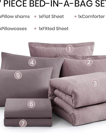Monbix King Size Comforter Set, Lilac King Size Bedding Set Reversible, King Comforter Set 7 Pieces, Cationic Dyeing Bed in a Bag with Comforter, Sheets, Pillowcases & Shams