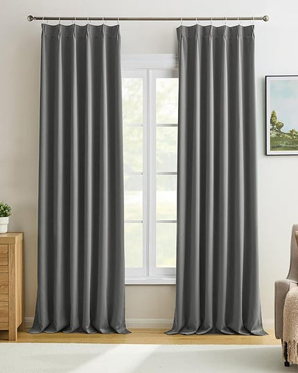 KEQIAOSUOCAI Grey Pinch Pleat Curtains & Drapes 108 Inches Long 2 Panels Set, Sound Dampening Window Treatment for Bedroom Vertical Draft Blackout Blinds for Living Room 40 x 108 9 Ft Length