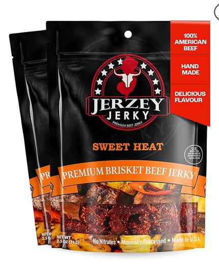 Jerzey Jerky Sweet Heat Brisket Jerky 2.5oz (2 Pack) – High Protein, Gluten Free and Healthy Beef Snacks with Rich, Authentic Flavor