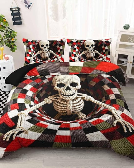 AILONEN Skull Print Comforter Set Queen Size,3-Piece Skeleton Halloween Theme Bedding Set,Colorful Checkered Skull Art Duvet with 2 Pilllowcases