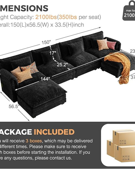 ELUCHANG 150" Modular Sectional Sofa, Comfy Deep Seat Cloud Couch, 6 Seater U Shaped Modern Sofa with Removable Cover for Living Room, Apartment, DIY Combination, Chenille Black