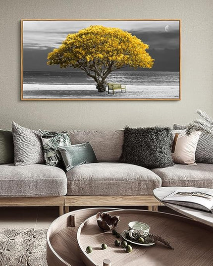 hyidecorart Framed Canvas Wall Art, 30x60in Yellow Trees, Living Room Wall Decor, Natural Wood Frames