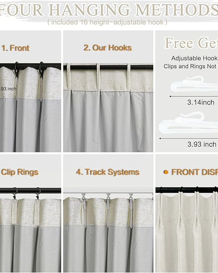 Pinch Pleated Linen Blackout Curtains 95 Inches Long - 100% Black Out Curtain for Bedroom Living Room, Thermal Insulated Pinch Pleat Double Layer Room Darkening Drapes with Hooks, Natural, 2 Panels