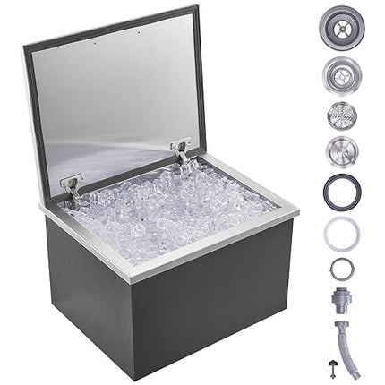 VEVOR Drop in Ice Chest, 20" L x 16" W x 13" H Stainless Steel Ice Cooler, Commercial Ice Bin with Hinged Cover, 40 qt Outdoor Kitchen Ice Bar, Drain-Pipe and Drain Plug Included, for Cold Wine Beer