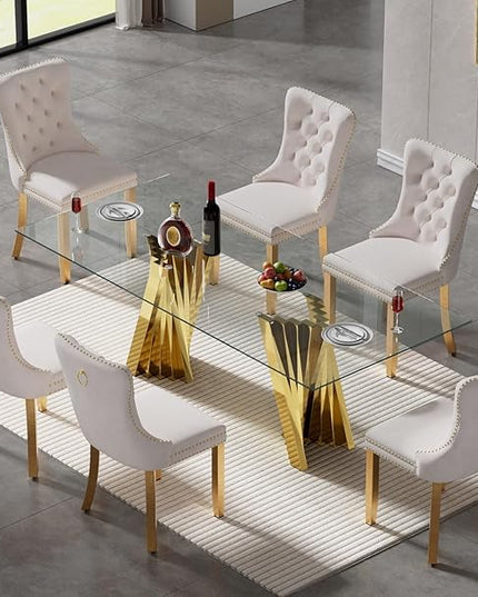 70'' Tempered Glass Top Dining Table With Mirrored Gold Stainless Steel Base for 4-8 People, Modern Rectangular Design for Dining Room and Living Room