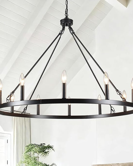 Black Wagon Wheel Chandelier 38 inch,12-Light Farmhouse Wagon Wheel Chandeliers Round Industrial Ceiling Rustic Country Light fixtures for Outdoor Porch high Ceilings Living Dining Room Foyer Entryway