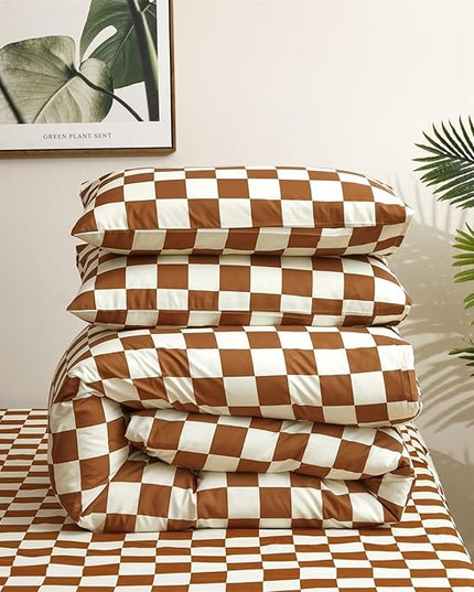 Houseri Brown and White Plaid Comforter Set Full Caramel Brown Grid Bedding Comforter Full Size Teen Boys Checkerboard Comforters Sets Girls Elegant Buffalo Checkered Gingham Full Comforter Comfy Soft