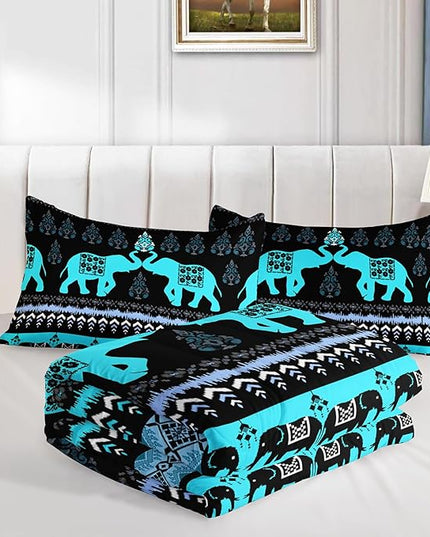 Western Comforter Set Full Size Elephant Print Bedding for Kids,Blue Series Animal Themed Bedding Set for Boys Girls Room Decor,Boho Bedding Comforter Sets with 2 Pillowcases.