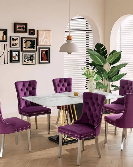 SoarFlash Velvet Dining Chairs Set of 6, Tall Back Side Chair, Modern Upholstered Side Chair with Button Back Ring, Silver Plated Stainless Steel Legs (Purple)