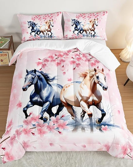 Horse Comforter Set Kids Bedding Queen Size,Pink Cherry Blossom Bedding Set for Girls Boys Teens Bedroom Decor Aesthetic,Galloping Horse Bedding Comforter Sets with 2 Pillowcases.