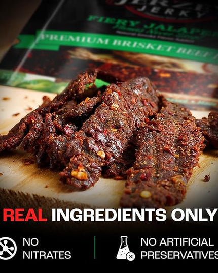 Jerzey Jerky Fiery Jalapeno Brisket Jerky 2.5oz (2 Pack) – High Protein, Gluten Free and Healthy Beef Snacks with Rich, Authentic Flavor