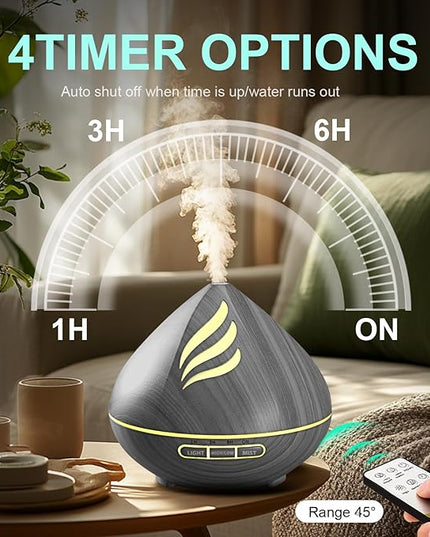 Essential Oil Scent Diffuser: 500ML Aroma Diffuser with Remote Control, Large Fragrance Aromatherapy Diffuser for Bedroom Home, Mist Humidifier & 14 Colors LED Lights and waterless Auto-Off, Dark Grey