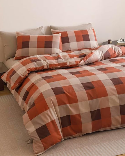 CLOTHKNOW Rust Plaid Twin/Twin XL Comforter Set 3Pcs Buffalo Check Bedding Comforter Sets Plaid Comforter Soft Lightweight Fluffy