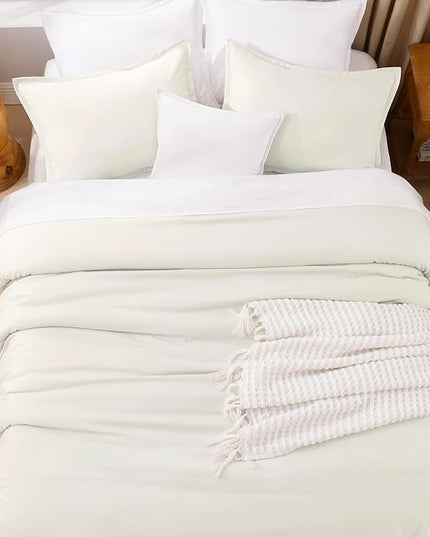 Litanika Oversized King Comforters Ivory Super King Plus Size, 3 Pieces Lightweight Solid Bedding Comforter Set, All Season Fluffy Bed Set (128x120In Comforter & 2 Pillowcases)