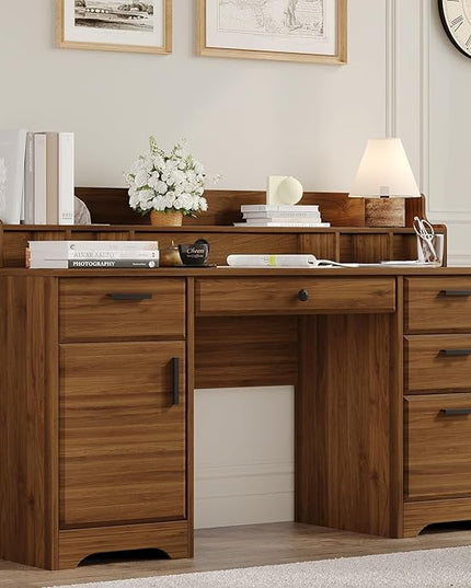 Executive Desk with File Drawers,Computer Desk with Storage,58 Inch Home Office Desk with Storage Cabinet for Bedroom, Rustic Brown