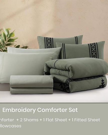 MaiRêve Embroidery Comforter Set, Boho Farmhouse Western Bedding Set, All Season Bed in A Bag Comforter Set with Sheets, Pillowcases & Shams, Olive Green California King 7 Pieces