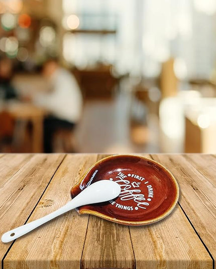 Funny Coffee Quote First I Drink The Coffee Then I Do The Things Ceramic Spoon Holder-Brown Coffee Spoon Rest -Cafe Station Bar Accessories