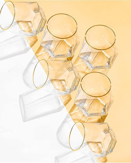 XKXKKE Diamond Wine Glasses Set of 6, 10 OZ Modern Stemless Gold Rim Glass Cups Clear Drinking Glassware for Serving Party, Home, Bar, Restaurants, Transparent 6 Pack