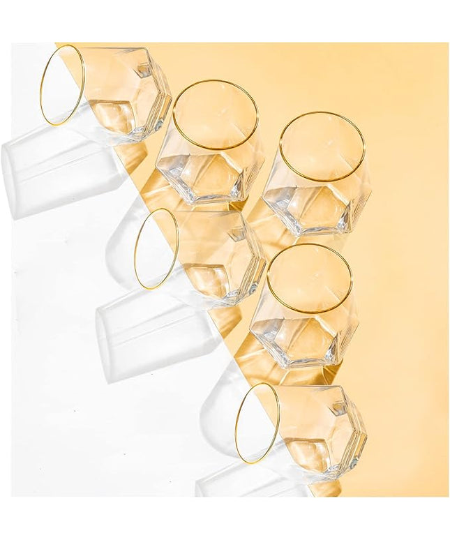 XKXKKE Diamond Wine Glasses Set of 6, 10 OZ Modern Stemless Gold Rim Glass Cups Clear Drinking Glassware for Serving Party, Home, Bar, Restaurants, Transparent 6 Pack