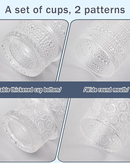 Drinking Glasses Set of 4, 16oz Textured Flower Design Cocktail Glasses, Stackable Old Fashioned Glass Cups, Vintage Glassware for a baby Shower Wedding for Kitchen and Bar - Dishwasher Clear