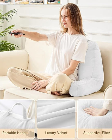 Sasttie Reading Pillow, Velvet Back Pillow for Bed Sitting Up, Adult Back-Rest Support Cushion with Arms for Sit Up on Couch, Sofa, and Floor, Dorm Essentials, Reading Accessories, White