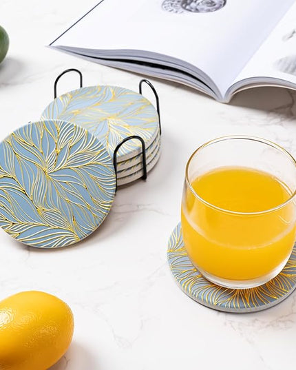 Hoewina 6Pcs Drink Coasters with Holder, Marble Style Ceramic Drink Coaster, Absorbent Coasters Set Suitable for Kinds of Cups, Modern Style Coaster for Coffee Table, 4 Inches（Gilded Relief