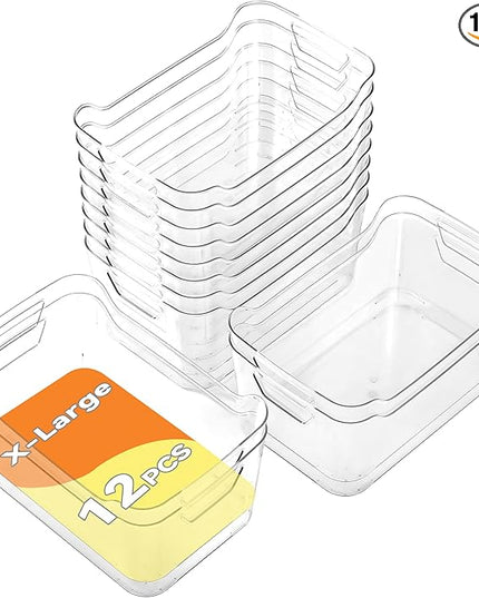 Clear Plastic Storage Bins - 12 Pack Pantry Organizers and Storage, Clear Pantry Organizer Bins, X-Large Plastic Containers with Handle for Kitchen,Freezer,Cabinet,Closet,Bathroom Under Sink