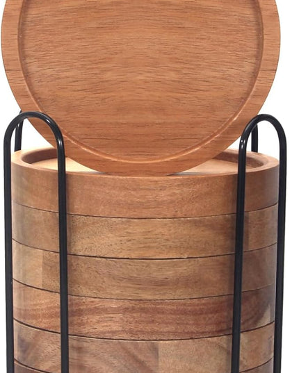 Rustic Wooden Coasters Set of 8 Farmhouse Coffee Table Decor Acacia Wood Drink Coaster with Holder Modern Outdoor Bar Cool Cup Costers Kitchen Accessories Decoration Home Dining Coasters Gift