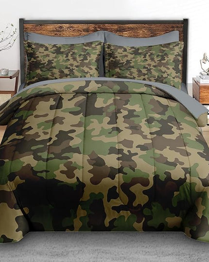 Comforter Set Twin Size, Military Hunting Camouflage 5 Pcs Bedding for Kids and Adults, Brown Green Camo Bed Sheet Sets with Fitted Sheet Pillowcase & Sham