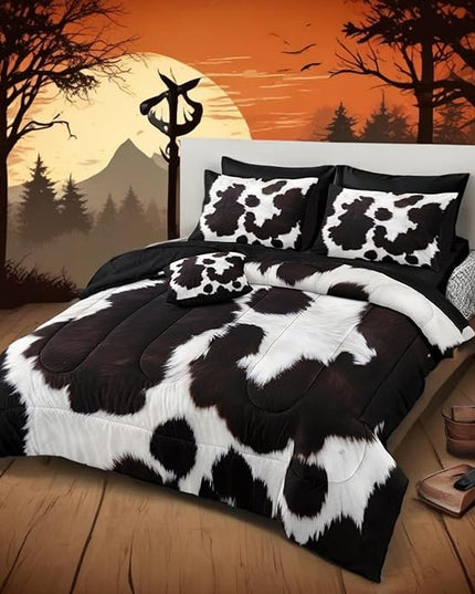 Bedbay Cowhide Comforter Set Queen Size Bed in a Bag Set Boys Girls Western Farmhouse Cow Print Bedding Set Black White Brown Cowhide Printed Rustic Bedding Comforter 8 Pieces (Cow Print,Queen)