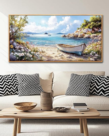 PHAOHUAXM Large Canvas Wall Art For Living Room Wall Decor For Bedroom Office Decor Print Marine Landscape Paintings Artwork Modern Stretched and Framed Beach Posters Home Decor 30"X60" Wood Framed