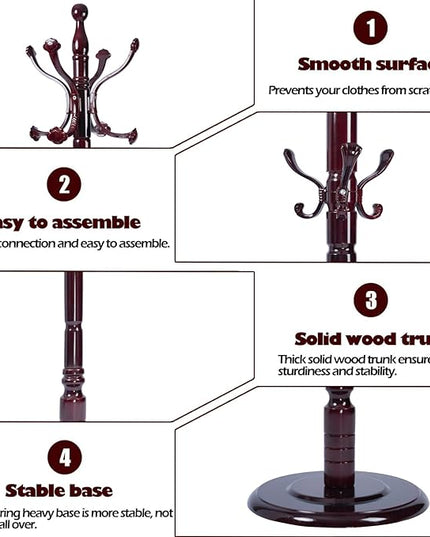 Coat Racks Free Standing with 14 Hooks, Natural Wood Coat Stands for Entryway, Adjustable Height 72 in Tree Coat Rack Stand for Hallway Home Office Bedroom (Mahogany Ruyi)