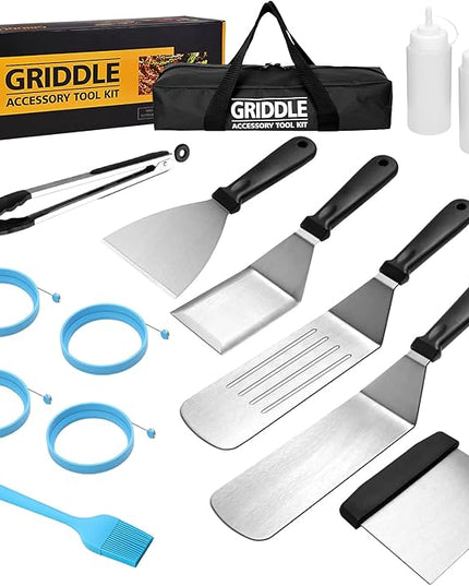 Flat Top Griddle Accessories Set for Blackstone and Camp Chef, Professional Grill Spatula Set with Burger Spatulas Scraper, BBQ Tool Griddle Utensils Kit for Men Outdoor Flattop Grills Cooking (Black)