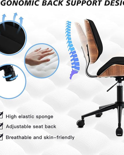 Armless Desk Chair with 360°Swivel Wheels, Ergonomic Adjustable Height Computer Chair for Home Office,PU Leather with Modern Walnut Drafting Chairs for Office, Reading Nook(Black)