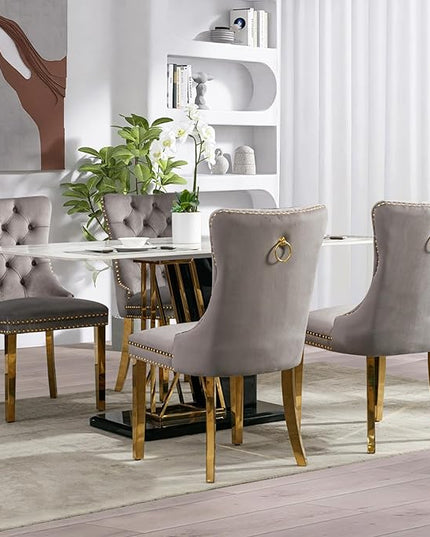 SoarFlash Velvet Dining Chair Set of 6, Upholstered Tufted Dining Room Chair with Nailhead Trim, Solid Gold Plated Leg for Kitchen(Grey)