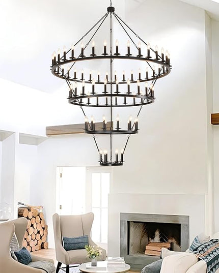 4 Tier Black Wagon Wheel Chandelier,Extra Large 60-Inch 78-Light Circle Light Fixture,Round Chandeliers for Foyer Entryway Dining Room Living Room High Ceilings