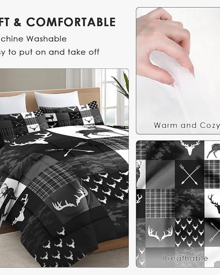 Queen Size Comforter Set with 2 Pillowcases, Camouflage Camo Military 3 Pcs Bedding for Kids and Adults, Army Vintage Hunting Deer Soft Comforter Set for Bedroom Bed Decor