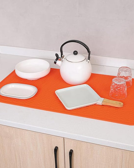 Silicone Dish Drying Mat for Multiple Usage,Easy clean,Eco-friendly,Heat-resistant Silicone Mat for Kitchen Counter or Sink,Refrigerator or Drawer Liner Orange 4XL 32 inches x 18 inches